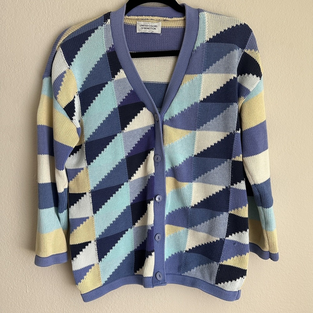 United Colors of Benetton Cardigan Womens M‎ Blue Geometric Cotton Knit Vintage
